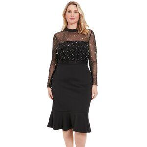 London Times Petite Beaded Laurenda Illusion Mock-Neck Midi Dress Black | NWT 12